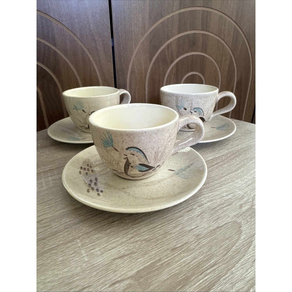 3 VTG Red Wing Pottery Quail Bob White Bobwhite Teacup  &Saucers Sets